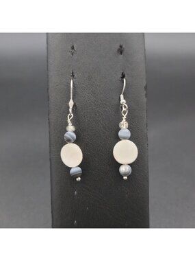 Silver Plated Blue Striped Agate & Mother of Pearl Dangle Earrings A7430